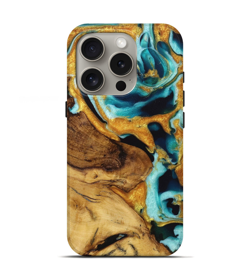 iPhone 16 Pro Wood Live Edge Phone Case - Kamryn (Teal & Gold, 723698)