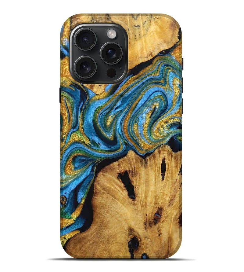 iPhone 16 Pro Max Wood Live Edge Phone Case - Branden (Teal & Gold, 723699)