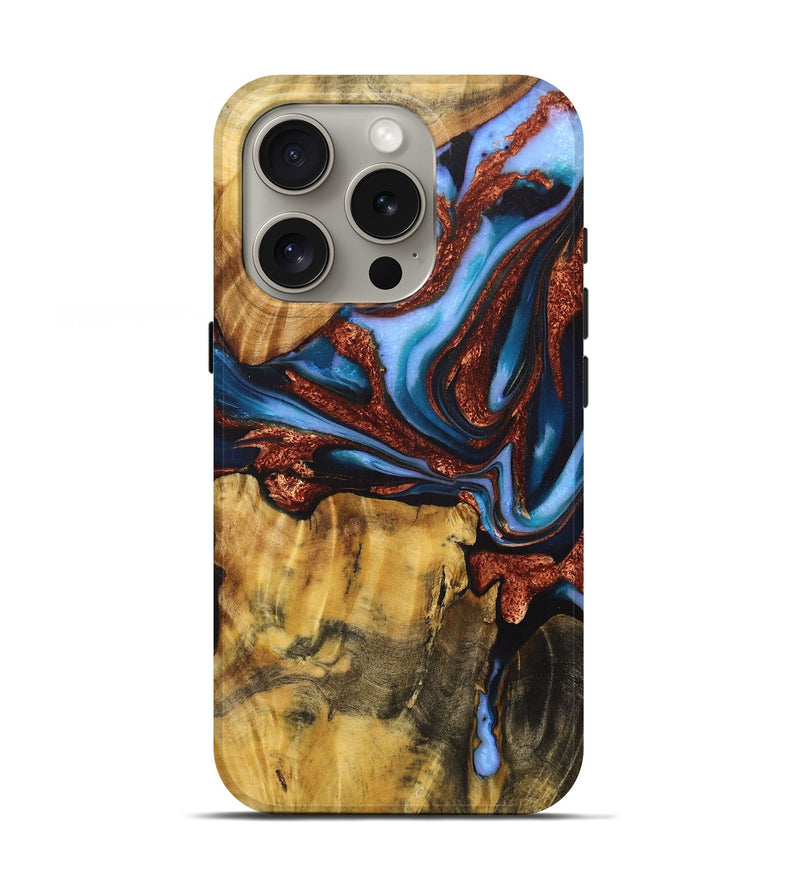 iPhone 16 Pro Wood Live Edge Phone Case - Blake (Teal & Gold, 724062)