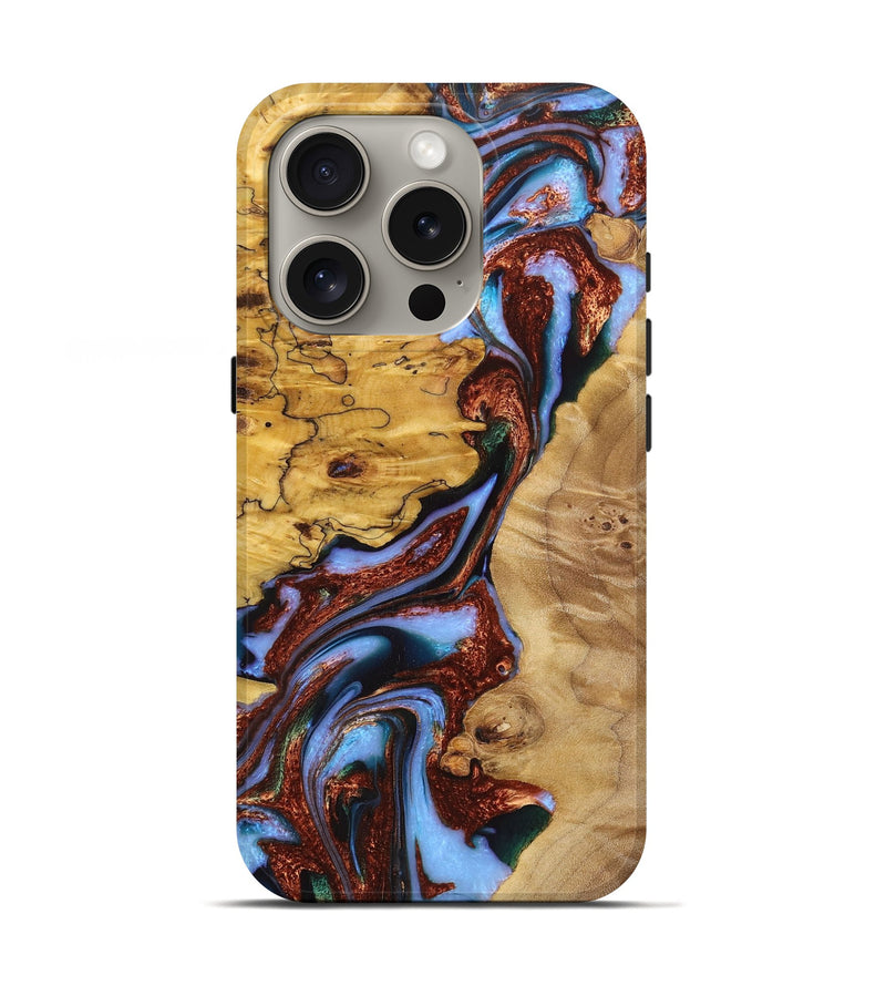 iPhone 16 Pro Wood Live Edge Phone Case - Catherine (Teal & Gold, 724063)