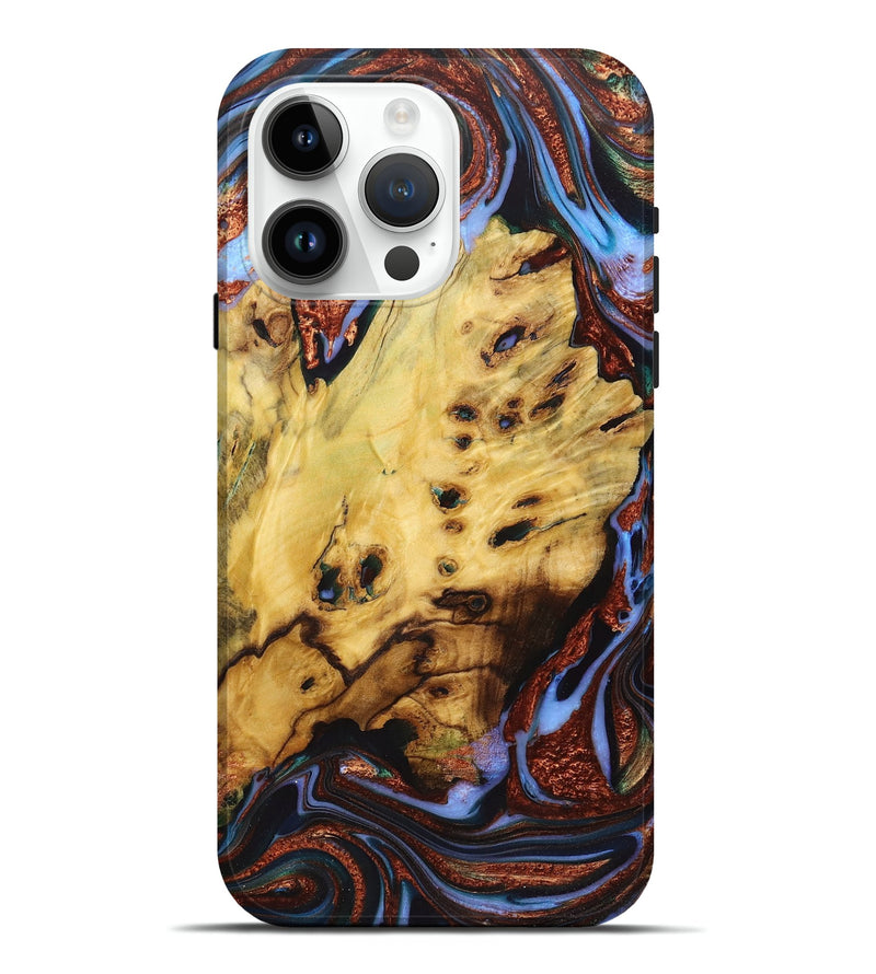 iPhone 15 Pro Max Wood Live Edge Phone Case - Eloise (Teal & Gold, 724064)