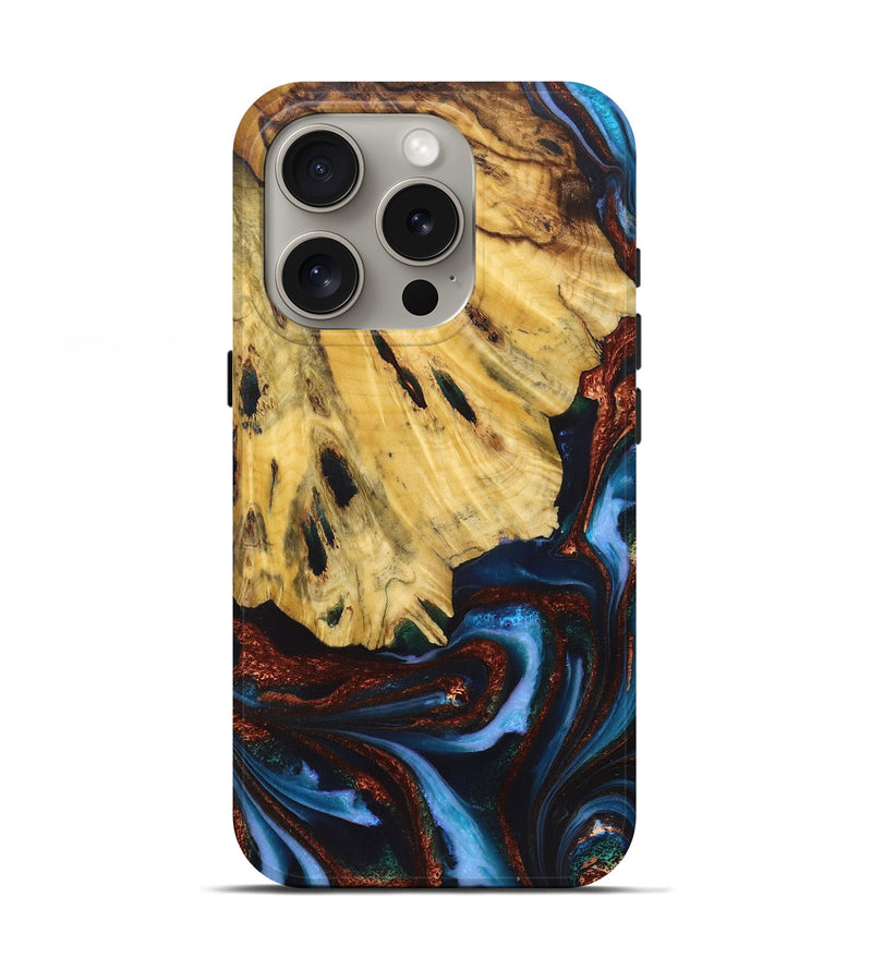 iPhone 16 Pro Wood Live Edge Phone Case - Dionne (Teal & Gold, 724065)