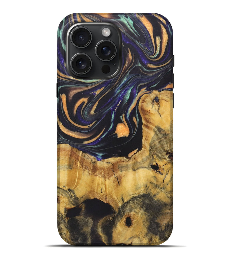iPhone 16 Pro Max Wood Live Edge Phone Case - Penny (Teal & Gold, 724079)