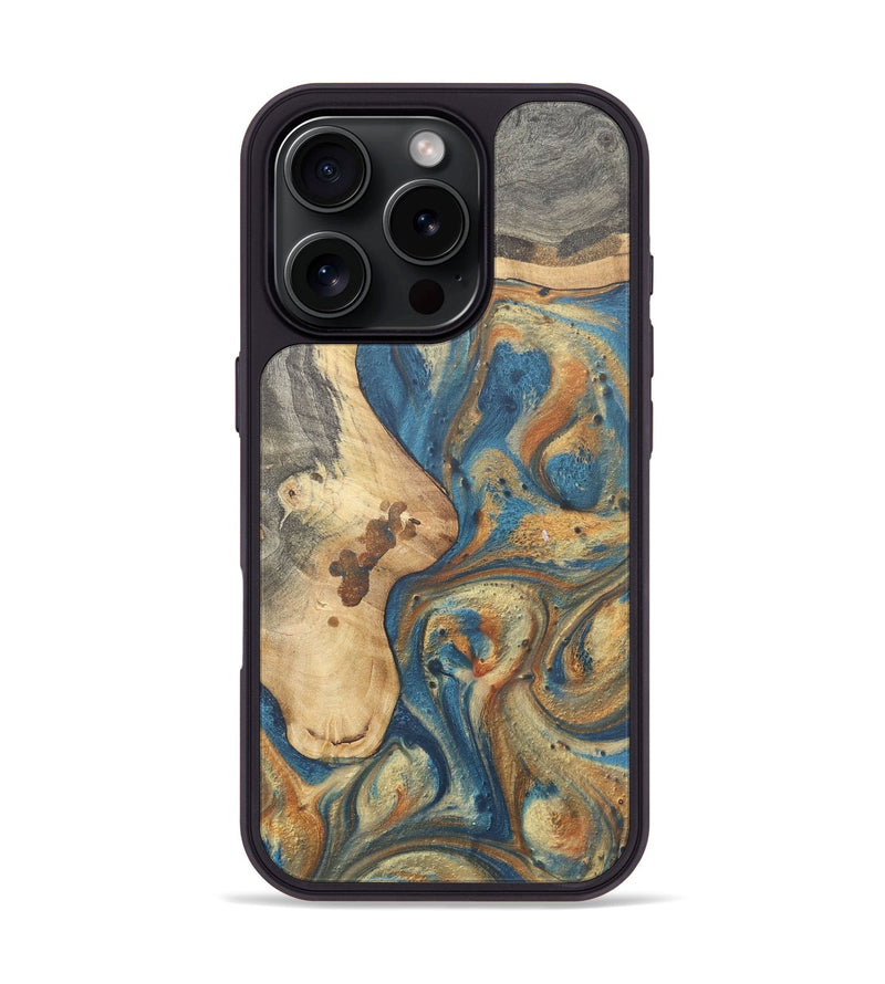 iPhone 16 Pro Wood Phone Case - Dante (Teal & Gold, 724230)
