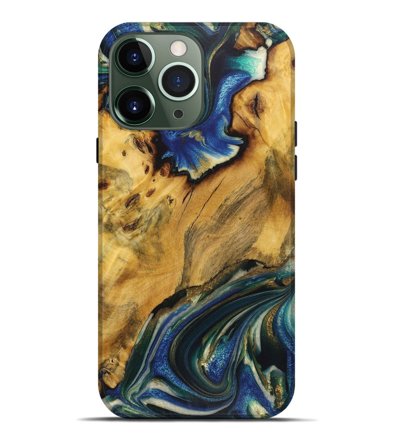 iPhone 13 Pro Max Wood Live Edge Phone Case - Gladys (Teal & Gold, 724259)