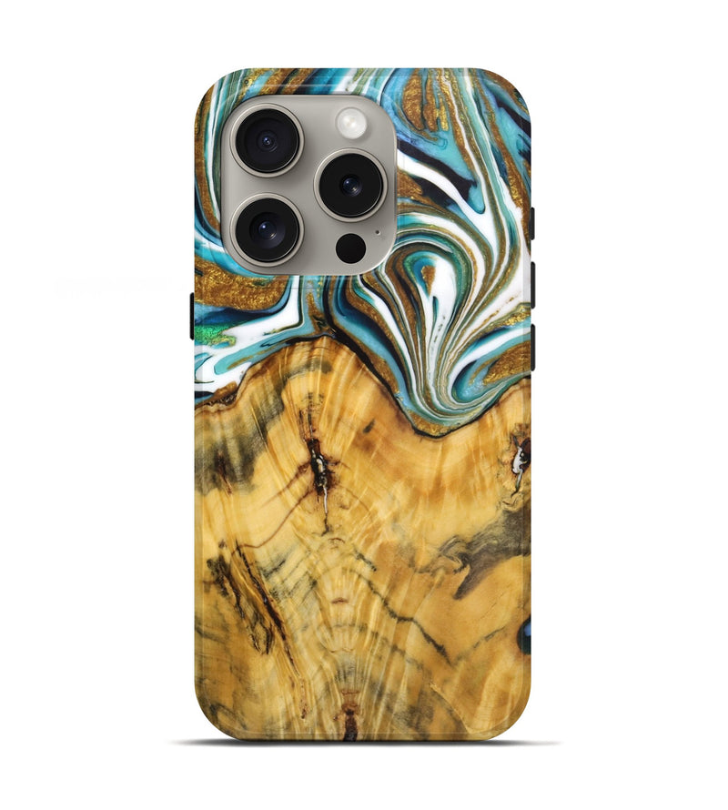 iPhone 16 Pro Wood Live Edge Phone Case - Melody (Teal & Gold, 724260)