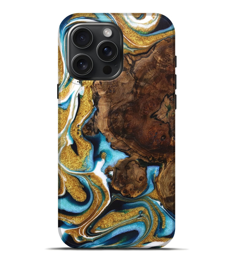 iPhone 16 Pro Max Wood Live Edge Phone Case - Mckenzie (Teal & Gold, 724262)