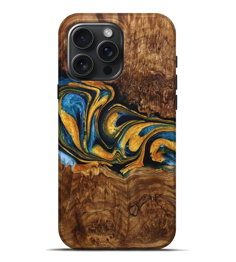 iPhone 16 Pro Max Wood Live Edge Phone Case - Kristi (Teal & Gold, 724265)