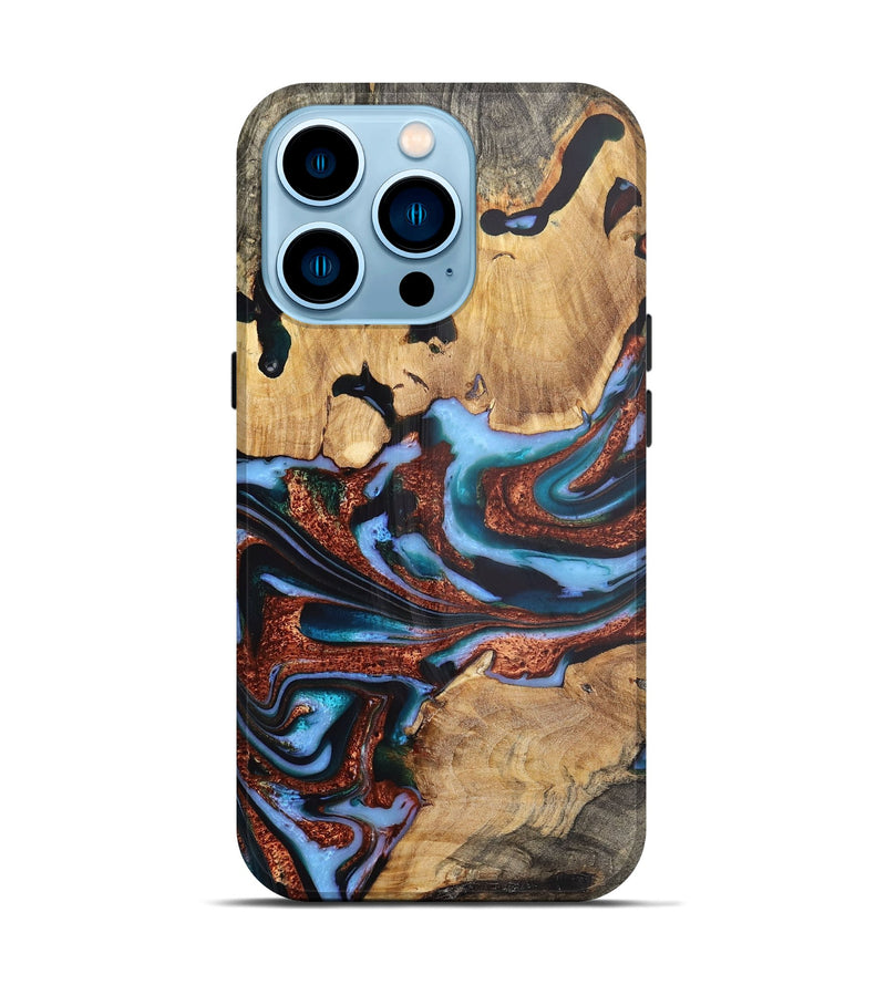 iPhone 14 Pro Wood Live Edge Phone Case - Zachary (Teal & Gold, 724270)