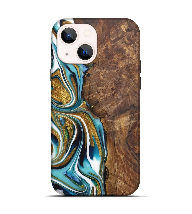 iPhone 14 Wood Live Edge Phone Case - Martha (Teal & Gold, 724273)