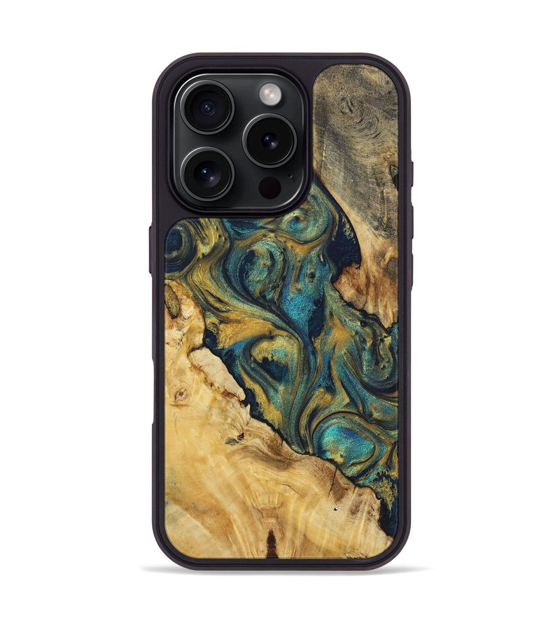 iPhone 16 Pro Wood Phone Case - Mckenzie (Teal & Gold, 724974)