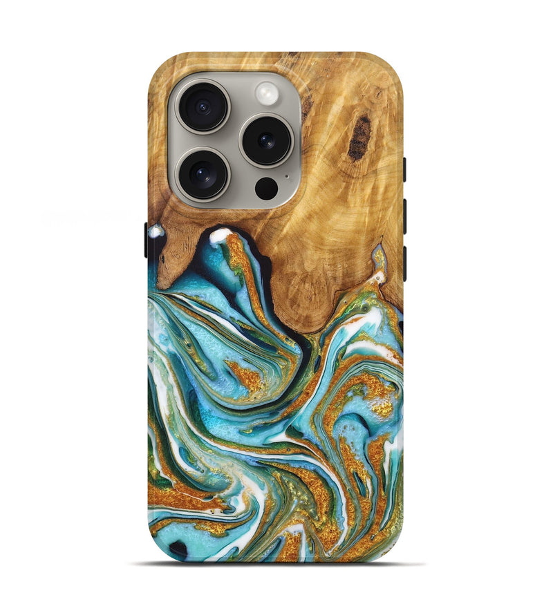 iPhone 16 Pro Wood Live Edge Phone Case - Santiago (Teal & Gold, 725094)