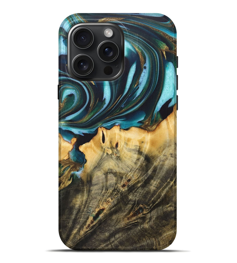 iPhone 16 Pro Max Wood Live Edge Phone Case - Jeanne (Teal & Gold, 725095)