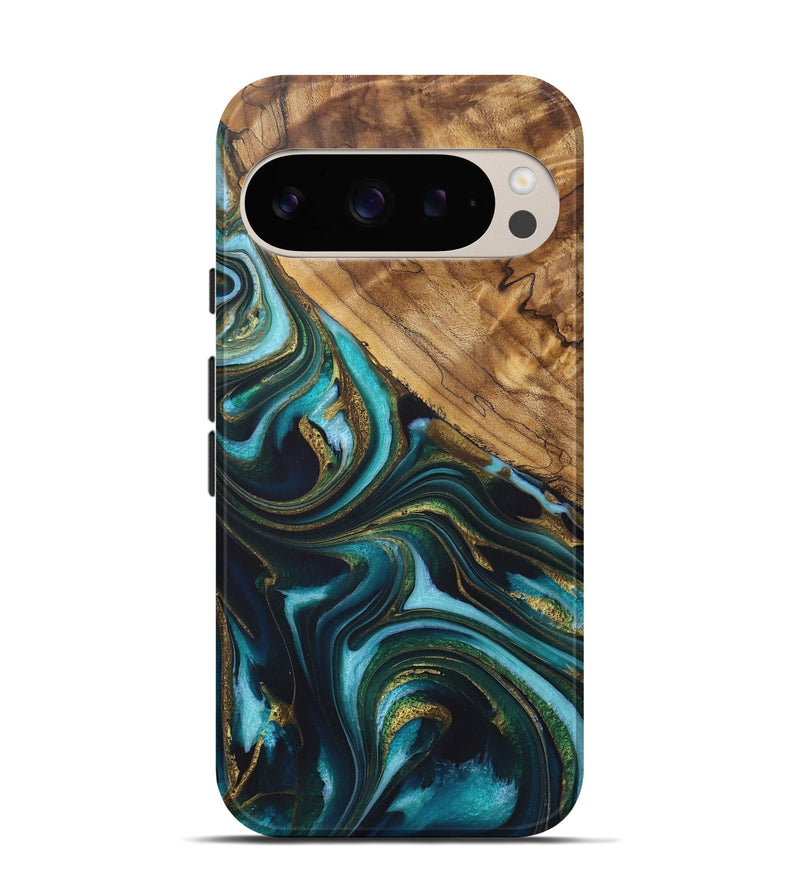 Pixel 9 Pro Wood Live Edge Phone Case - Aimee (Teal & Gold, 725096)
