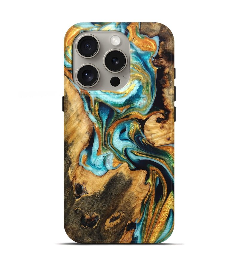 iPhone 16 Pro Wood Live Edge Phone Case - Averie (Teal & Gold, 725255)