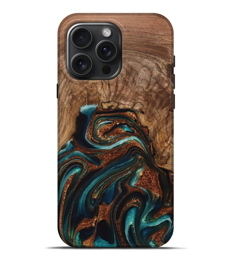 iPhone 16 Pro Max Wood Live Edge Phone Case - Julius (Teal & Gold, 725261)