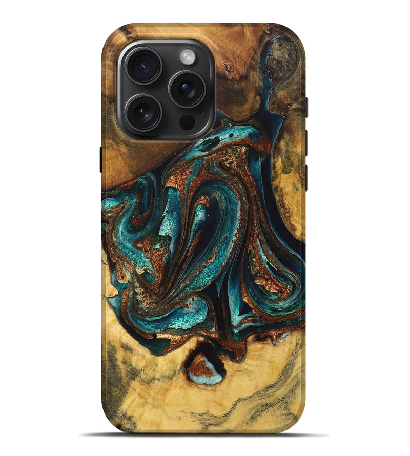 iPhone 16 Pro Max Wood Live Edge Phone Case - Evelyn (Teal & Gold, 725262)