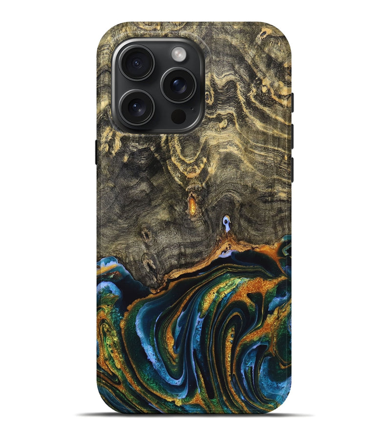 iPhone 16 Pro Max Wood Live Edge Phone Case - Khloe (Teal & Gold, 725271)