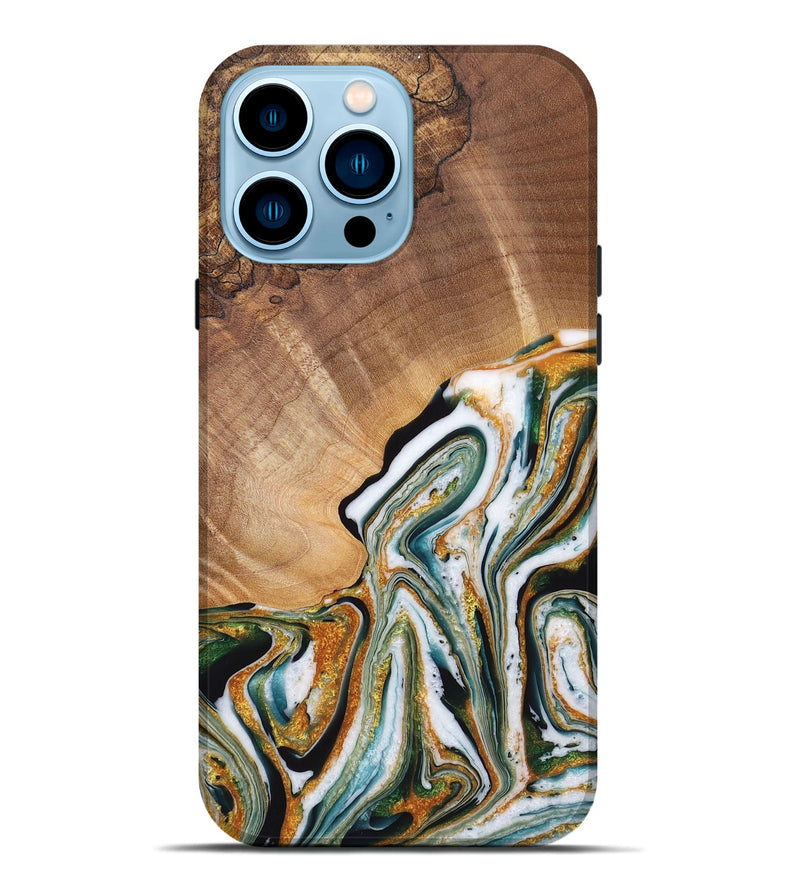 iPhone 14 Pro Max Wood Live Edge Phone Case - Caleb (Teal & Gold, 725272)