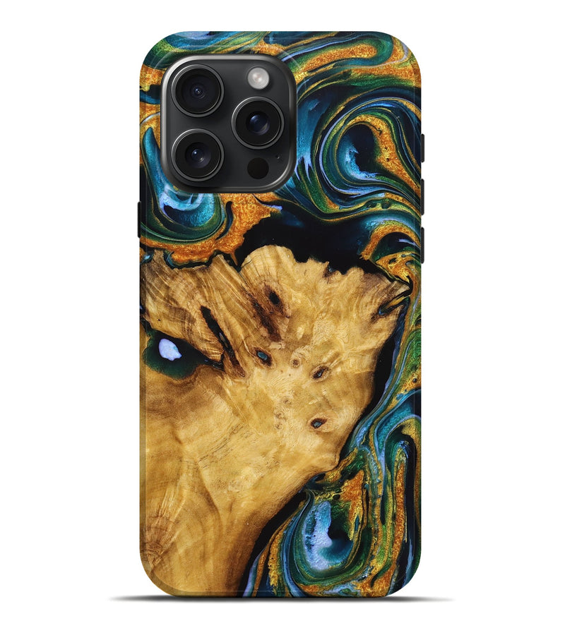 iPhone 16 Pro Max Wood Live Edge Phone Case - Sonya (Teal & Gold, 725273)