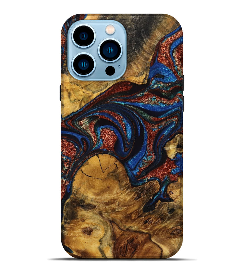 iPhone 14 Pro Max Wood Live Edge Phone Case - Raegan (Teal & Gold, 725274)