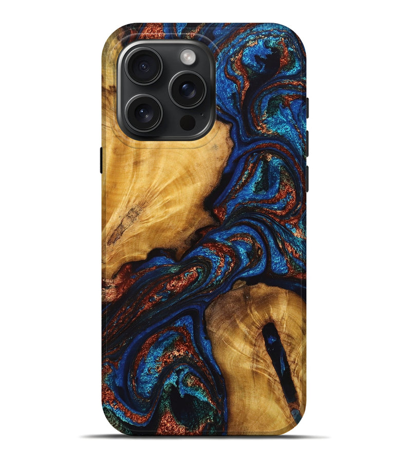iPhone 16 Pro Max Wood Live Edge Phone Case - Aliyah (Teal & Gold, 725275)