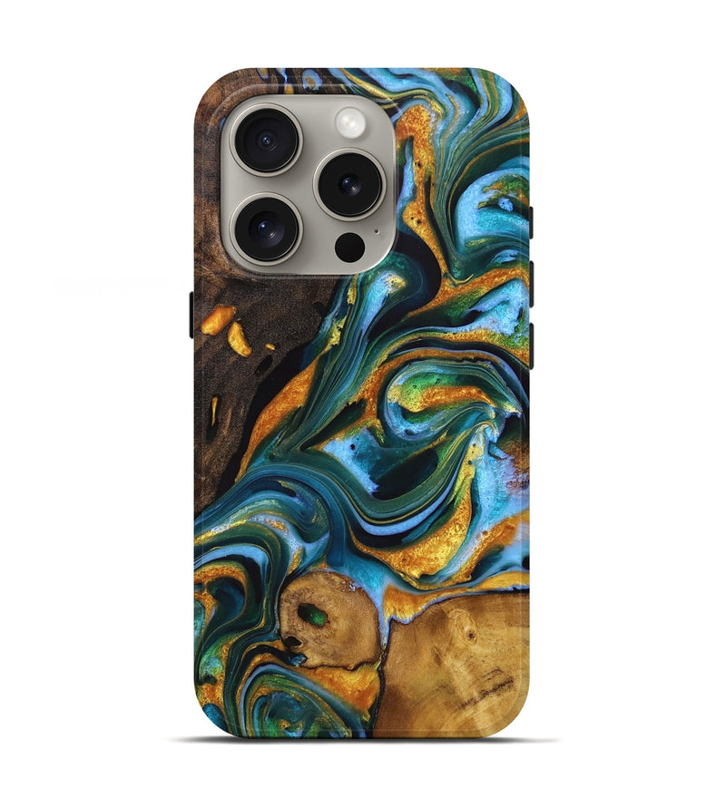 iPhone 16 Pro Wood Live Edge Phone Case - Matthew (Teal & Gold, 725276)