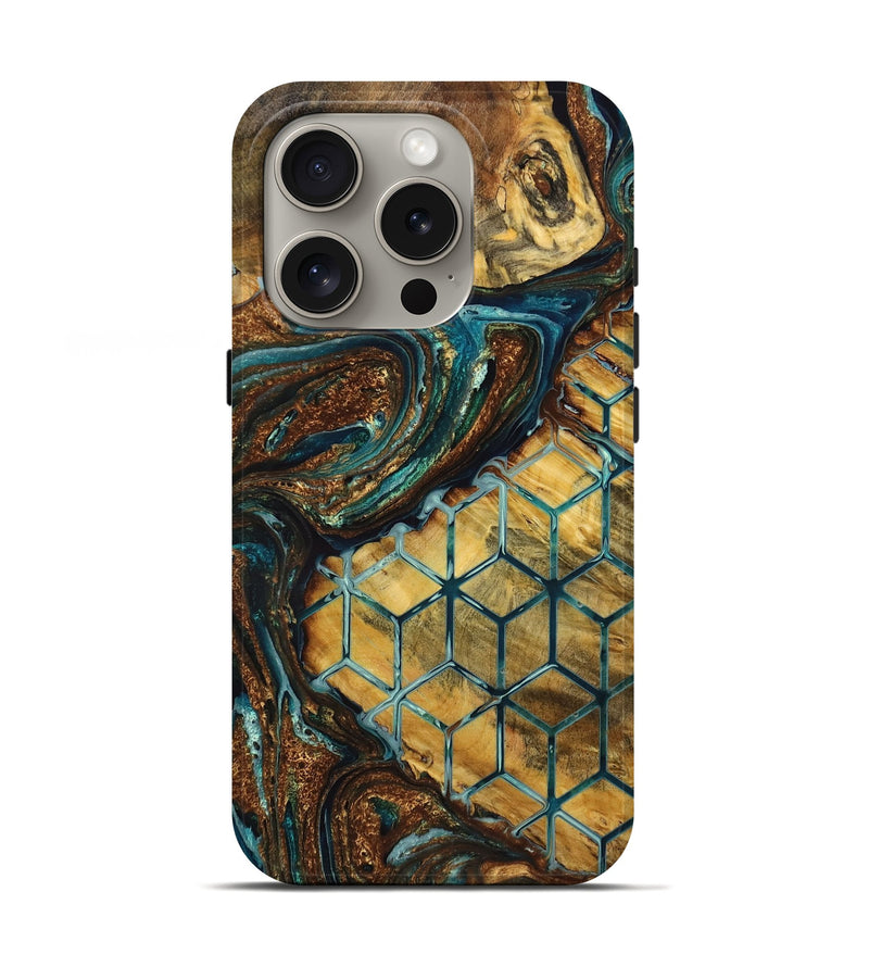 iPhone 16 Pro Wood Live Edge Phone Case - Devonte (Teal & Gold, 725278)