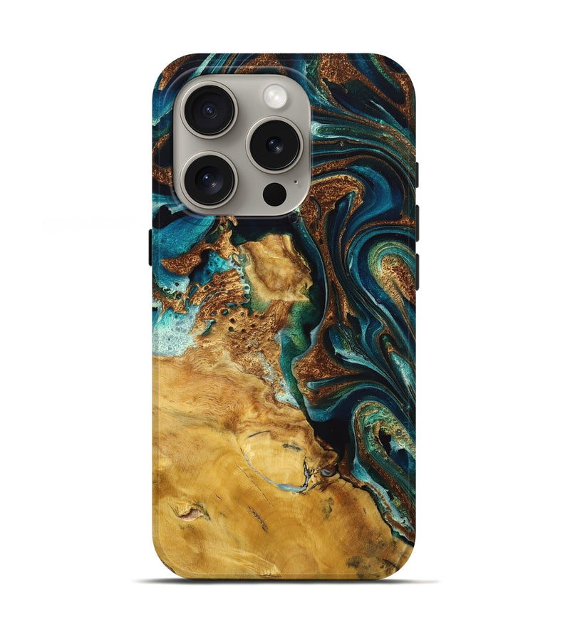iPhone 16 Pro Wood Live Edge Phone Case - Emery (Teal & Gold, 725279)