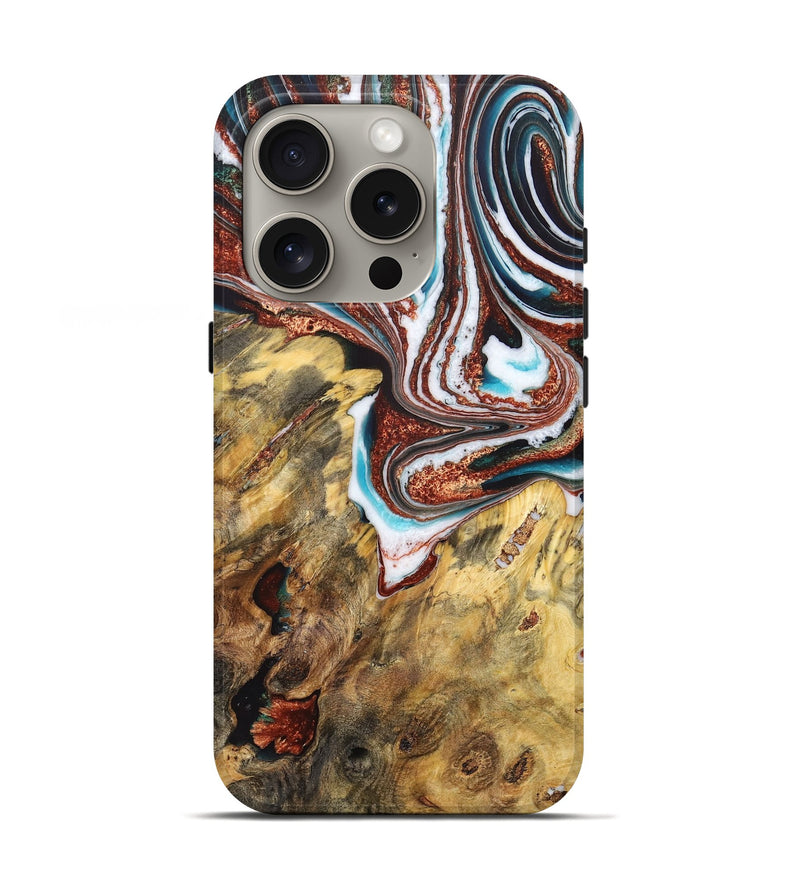 iPhone 16 Pro Wood Live Edge Phone Case - Lesley (Teal & Gold, 725281)