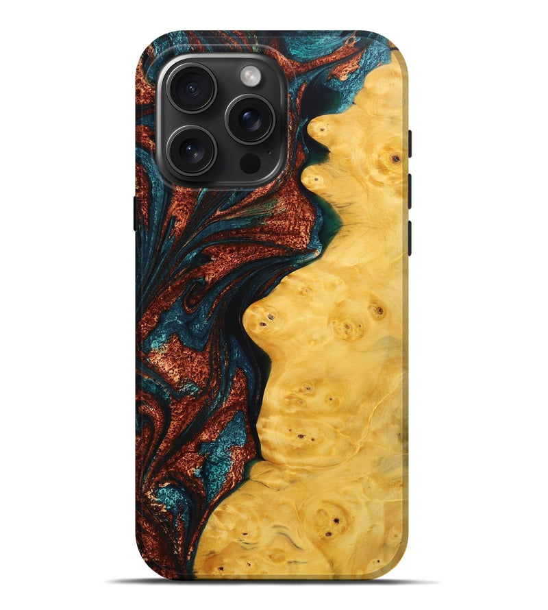 iPhone 16 Pro Max Wood Live Edge Phone Case - Lora (Teal & Gold, 725283)