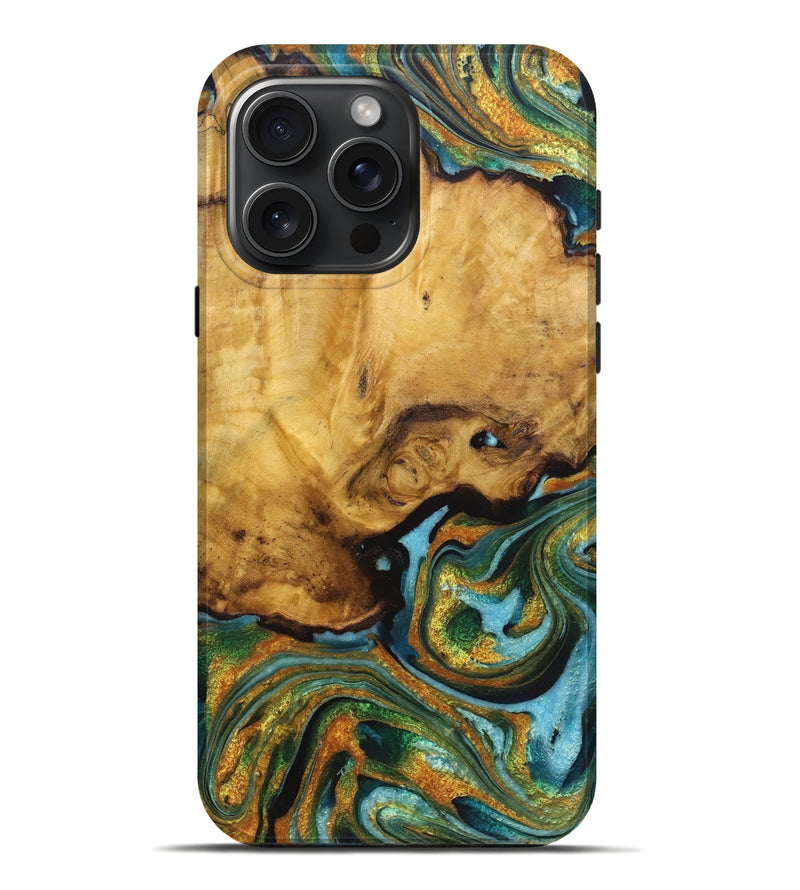 iPhone 16 Pro Max Wood Live Edge Phone Case - Perry (Teal & Gold, 725562)