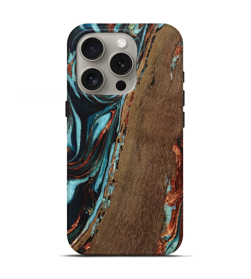 iPhone 16 Pro Wood Live Edge Phone Case - Inez (Teal & Gold, 725570)
