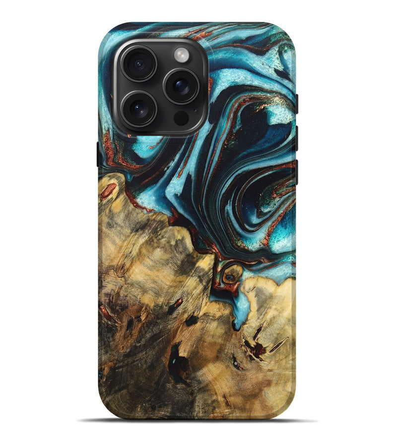 iPhone 16 Pro Max Wood Live Edge Phone Case - Ezequiel (Teal & Gold, 725572)