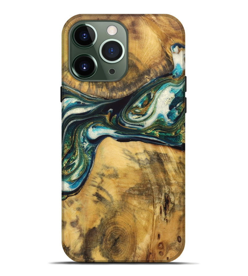 iPhone 13 Pro Max Wood Live Edge Phone Case - Haisley (Teal & Gold, 725574)