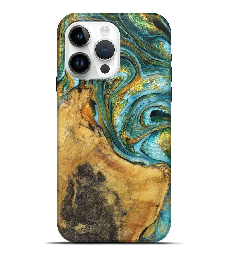 iPhone 15 Pro Max Wood Live Edge Phone Case - Seth (Teal & Gold, 725581)