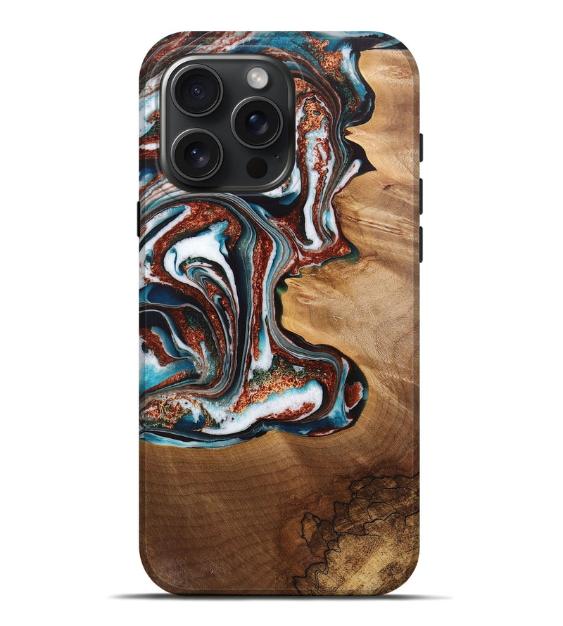 iPhone 16 Pro Max Wood Live Edge Phone Case - Prince (Teal & Gold, 725584)