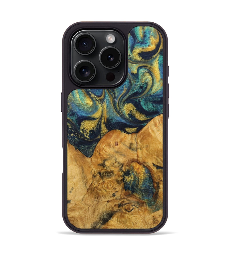iPhone 16 Pro Wood Phone Case - Scarlet (Teal & Gold, 725760)