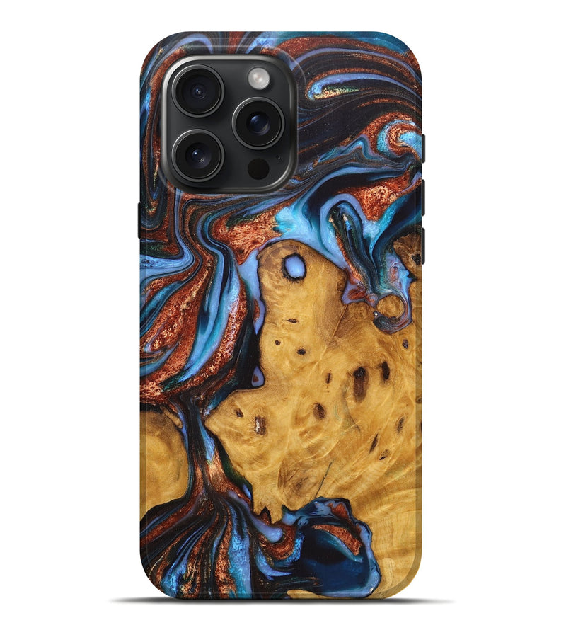 iPhone 16 Pro Max Wood Live Edge Phone Case - Kailey (Teal & Gold, 726621)