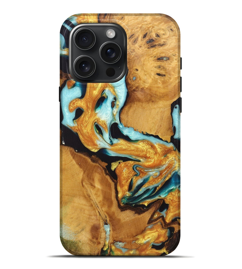 iPhone 16 Pro Max Wood Live Edge Phone Case - Tina (Teal & Gold, 726622)