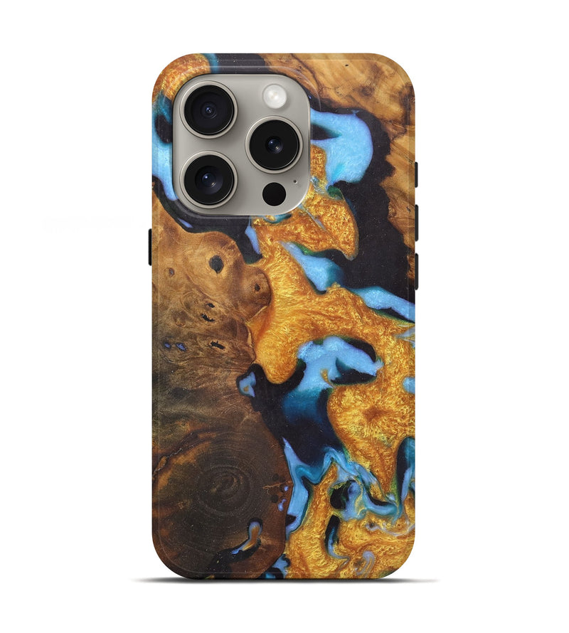 iPhone 16 Pro Wood Live Edge Phone Case - Dionne (Teal & Gold, 726679)