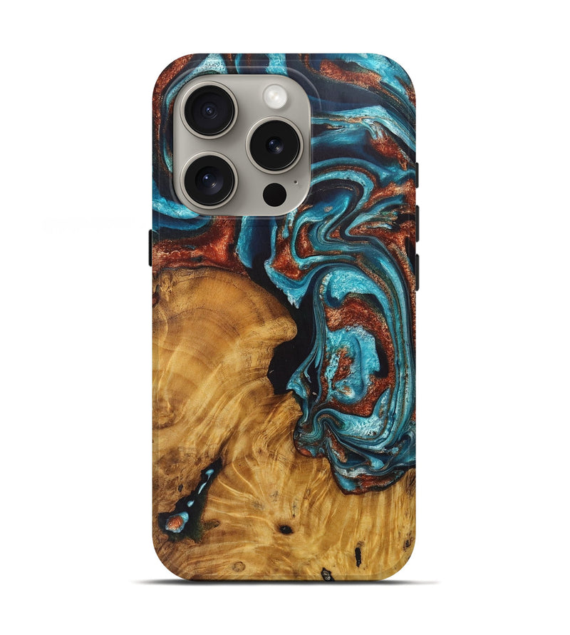 iPhone 16 Pro Wood Live Edge Phone Case - Lamont (Teal & Gold, 726681)