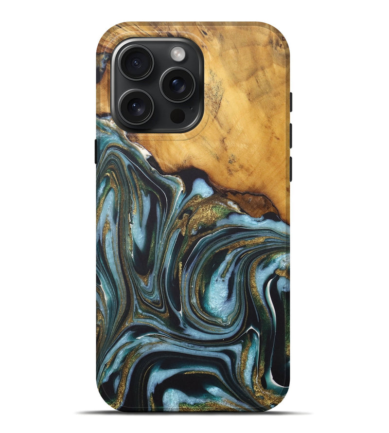 iPhone 16 Pro Max Wood Live Edge Phone Case - Lisa (Teal & Gold, 727215)