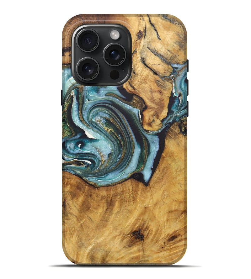 iPhone 16 Pro Max Wood Live Edge Phone Case - Merrielle (Teal & Gold, 727216)
