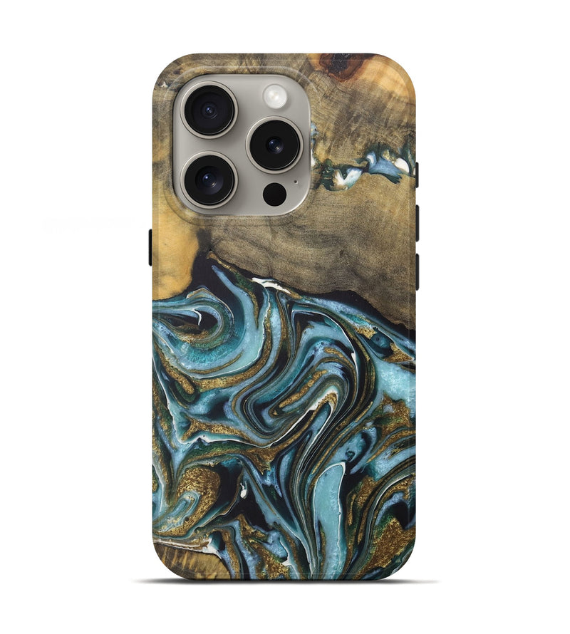 iPhone 16 Pro Wood Live Edge Phone Case - Landyn (Teal & Gold, 727217)