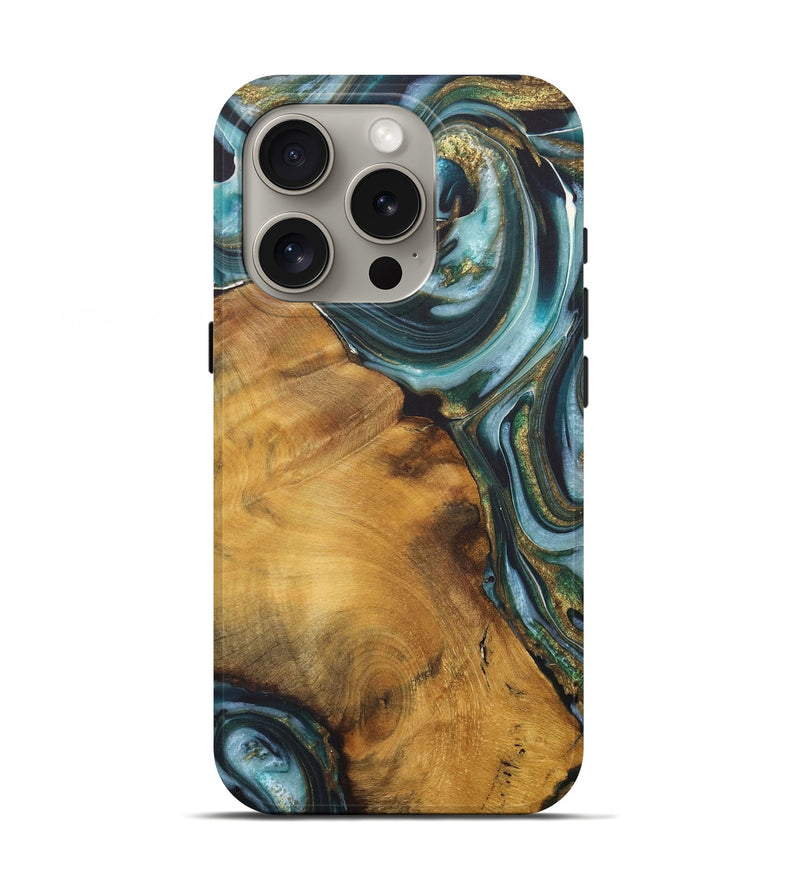 iPhone 16 Pro Wood Live Edge Phone Case - Kendal (Teal & Gold, 727221)