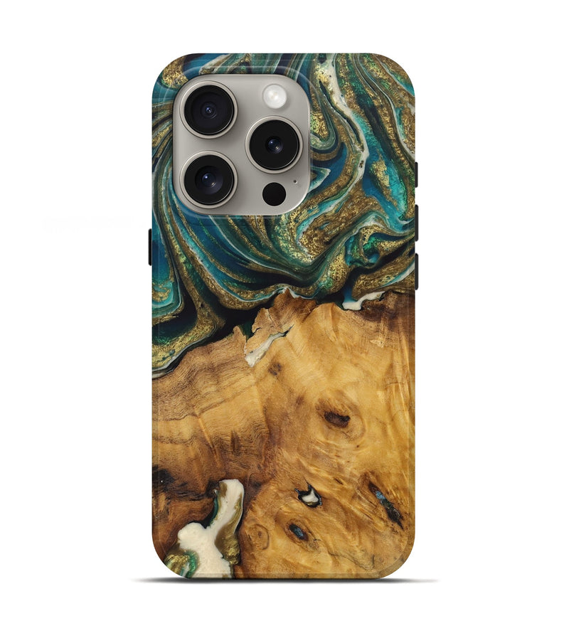 iPhone 16 Pro Wood Live Edge Phone Case - Denzel (Teal & Gold, 727260)