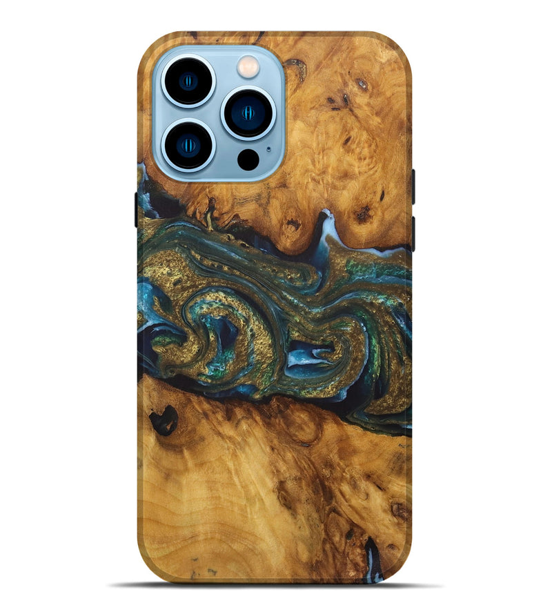 iPhone 14 Pro Max Wood Live Edge Phone Case - Katalin (Teal & Gold, 727262)