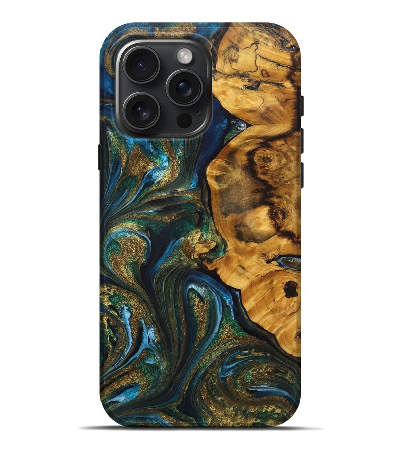 iPhone 16 Pro Max Wood Live Edge Phone Case - Marilyn (Teal & Gold, 727263)