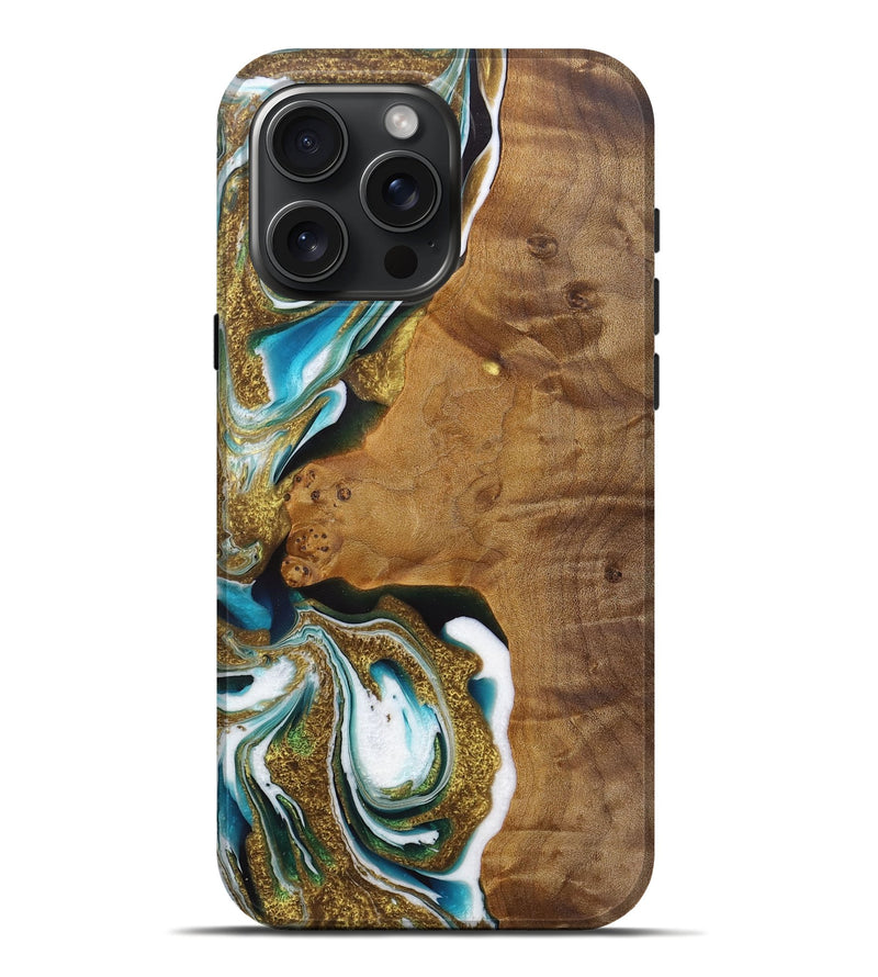 iPhone 16 Pro Max Wood Live Edge Phone Case - Meara (Teal & Gold, 727264)